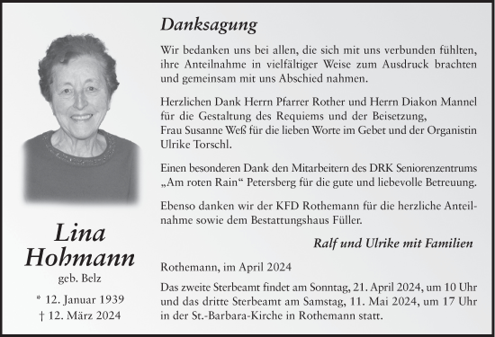 Traueranzeige von Lina Hohmann von FZ
