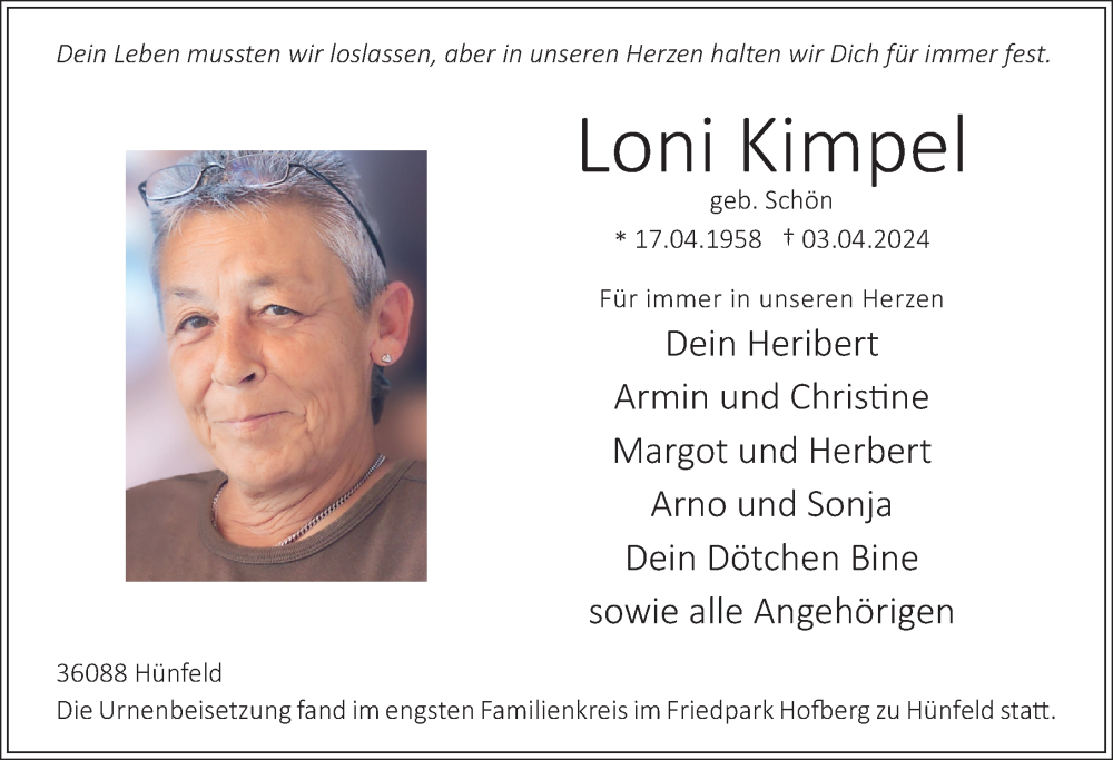  Traueranzeige für Loni Kimpel vom 19.04.2024 aus FZ