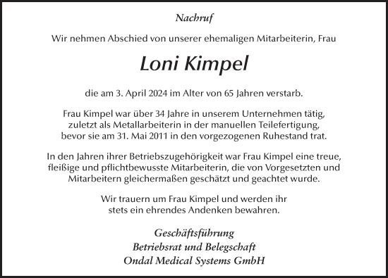 Traueranzeige von Loni Kimpel von FZ