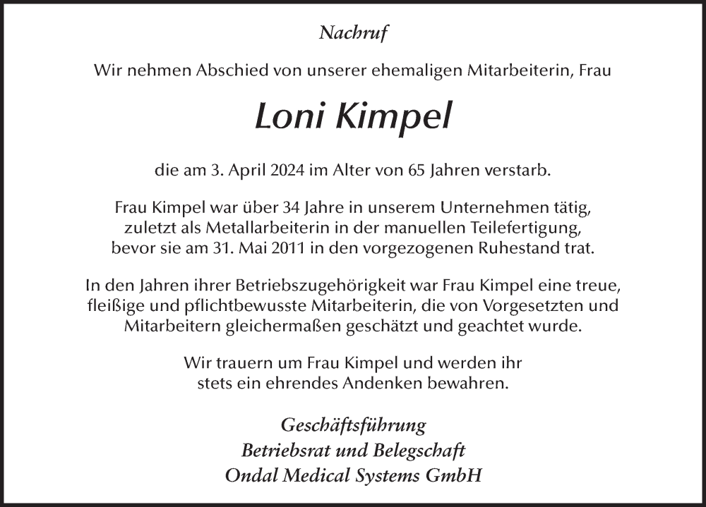  Traueranzeige für Loni Kimpel vom 19.04.2024 aus FZ