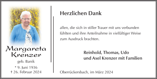 Traueranzeige von Margareta Krenzer von FZ