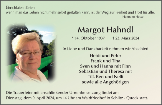 Traueranzeige von Margot Hahndl von FZ