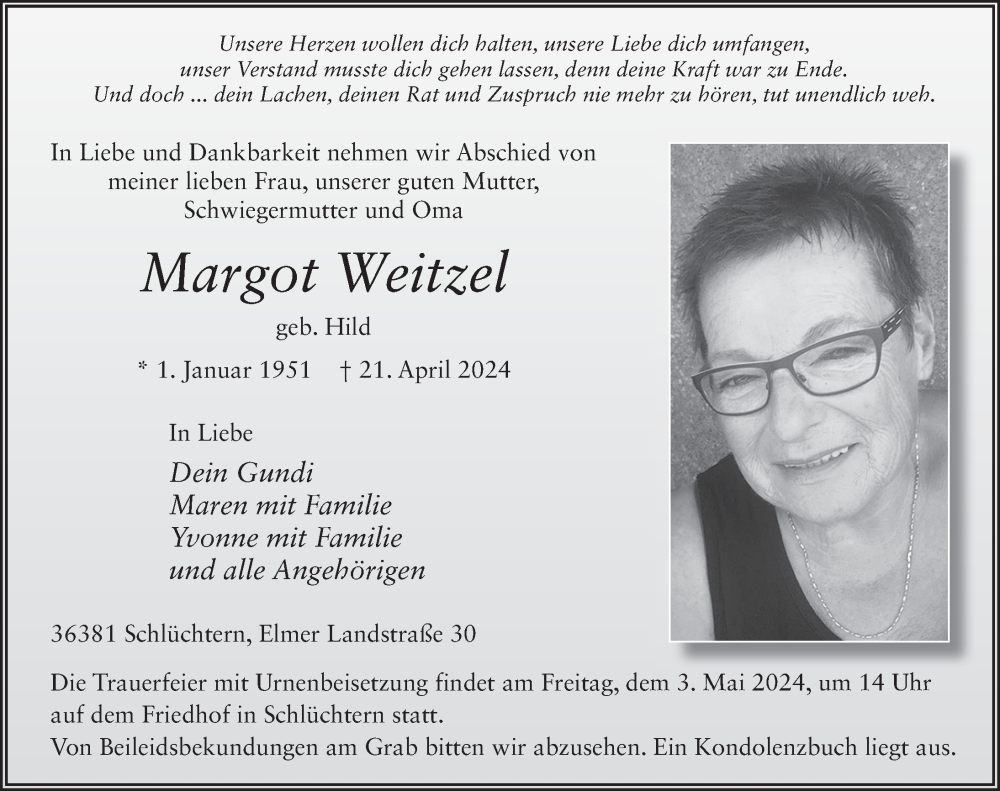  Traueranzeige für Margot Weitzel vom 30.04.2024 aus FZ