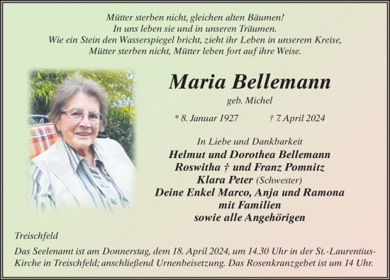Traueranzeige von Maria Bellemann von FZ