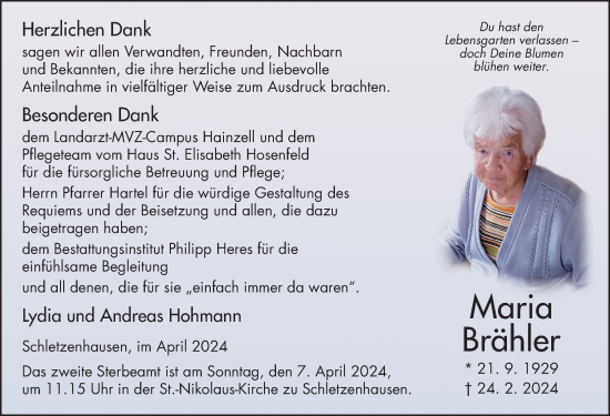 Traueranzeige von Maria Brähler von FZ
