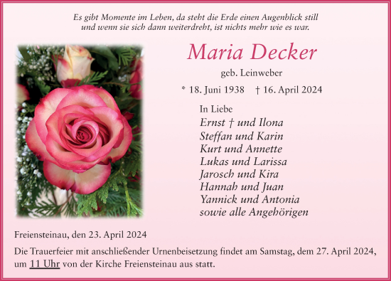 Traueranzeige von Maria Decker von FZ