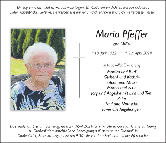 Traueranzeige von Maria Pfeffer von FZ