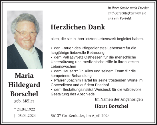 Traueranzeige von Maria Hildegard Borschel von FZ