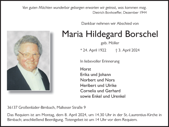 Traueranzeige von Maria Hildegard Borschel von FZ