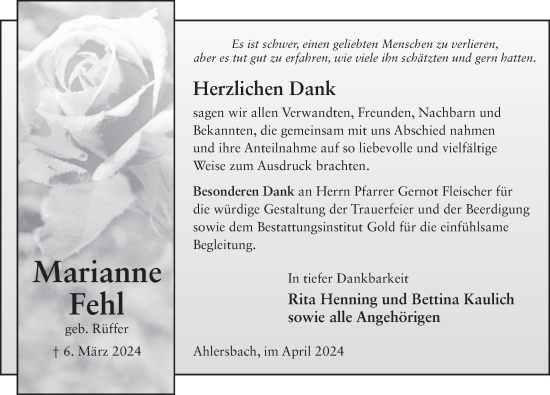 Traueranzeige von Marianne Fehl von FZ