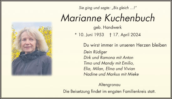 Traueranzeige von Marianne Kuchenbuch von FZ