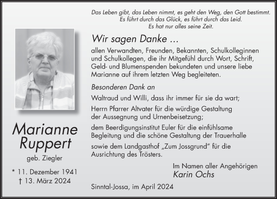Traueranzeige von Marianne Ruppert von FZ