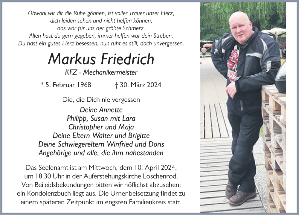  Traueranzeige für Markus Friedrich vom 08.04.2024 aus FZ