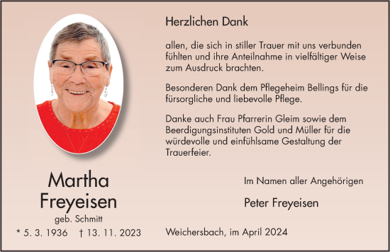 Traueranzeige von Martha Freyeisen von FZ