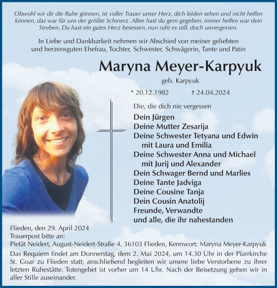 Traueranzeige von Maryna Meyer-Karpyuk von FZ