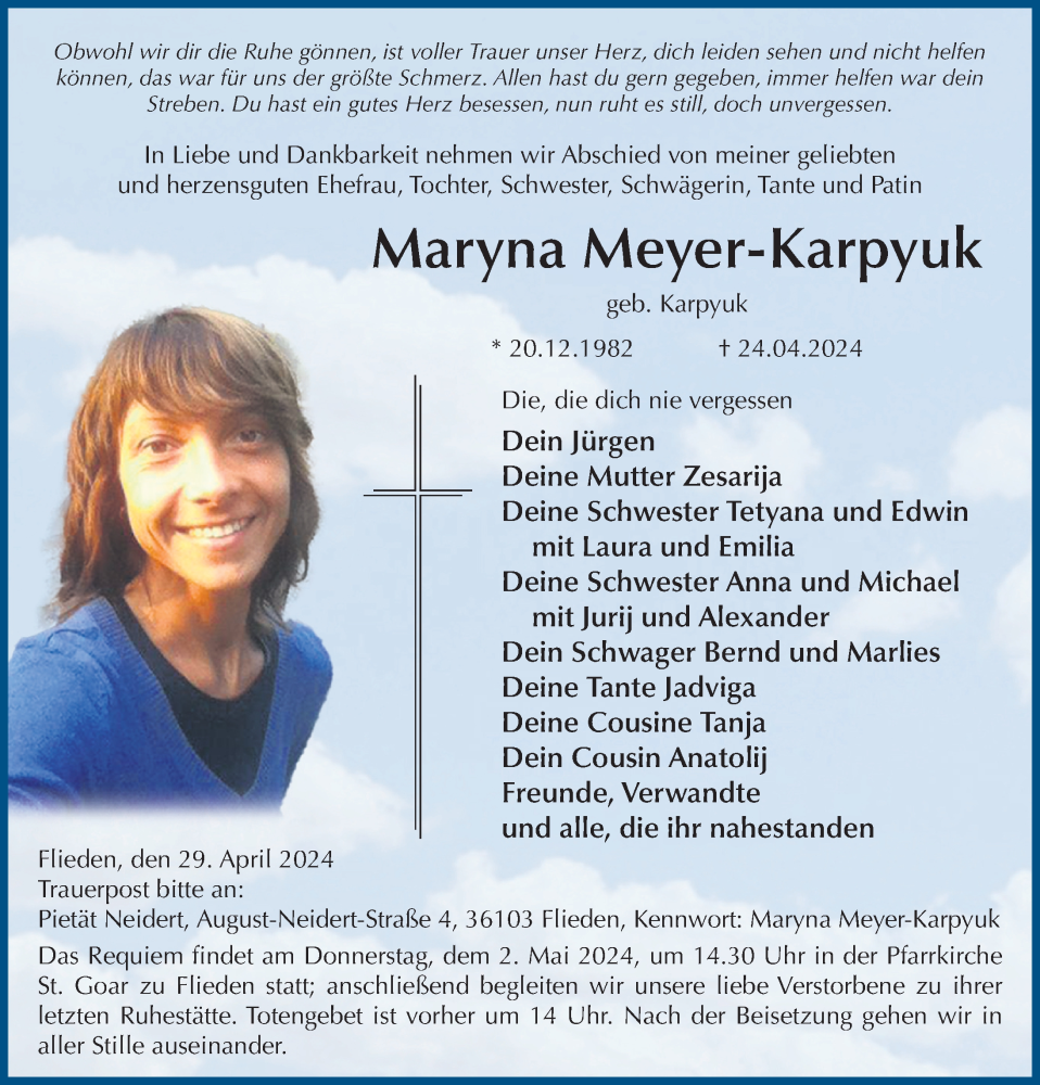  Traueranzeige für Maryna Meyer-Karpyuk vom 29.04.2024 aus FZ