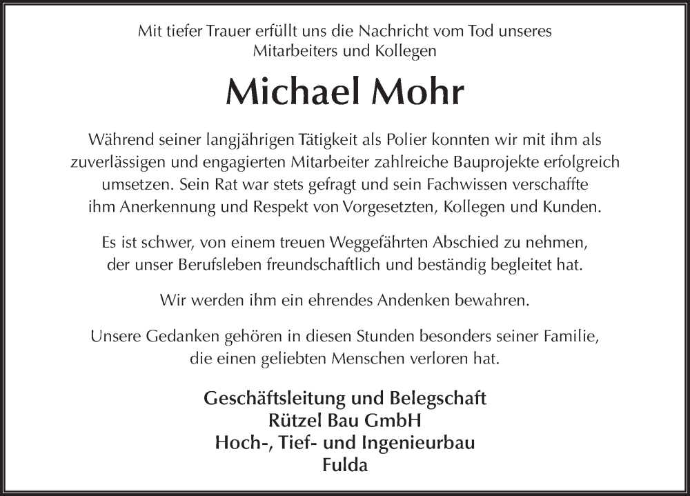  Traueranzeige für Michael Mohr vom 06.04.2024 aus FZ