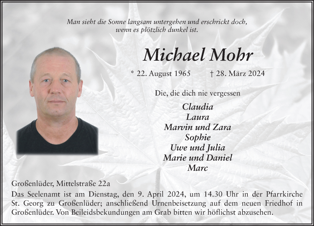  Traueranzeige für Michael Mohr vom 06.04.2024 aus FZ