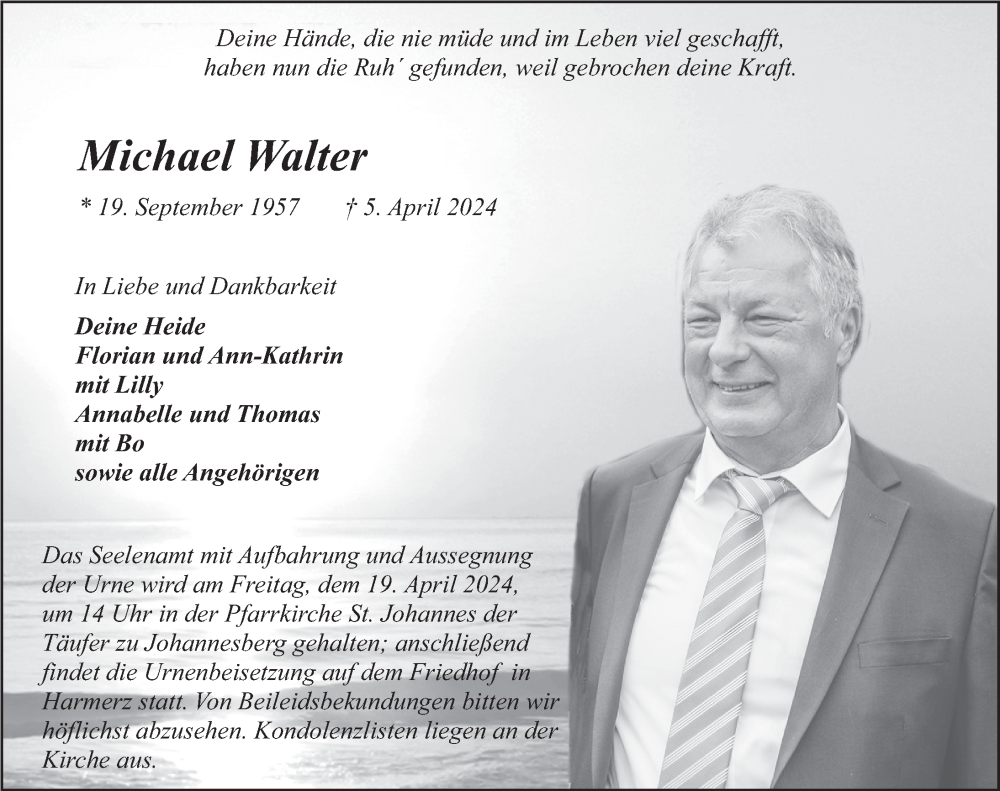  Traueranzeige für Michael Walter vom 12.04.2024 aus FZ