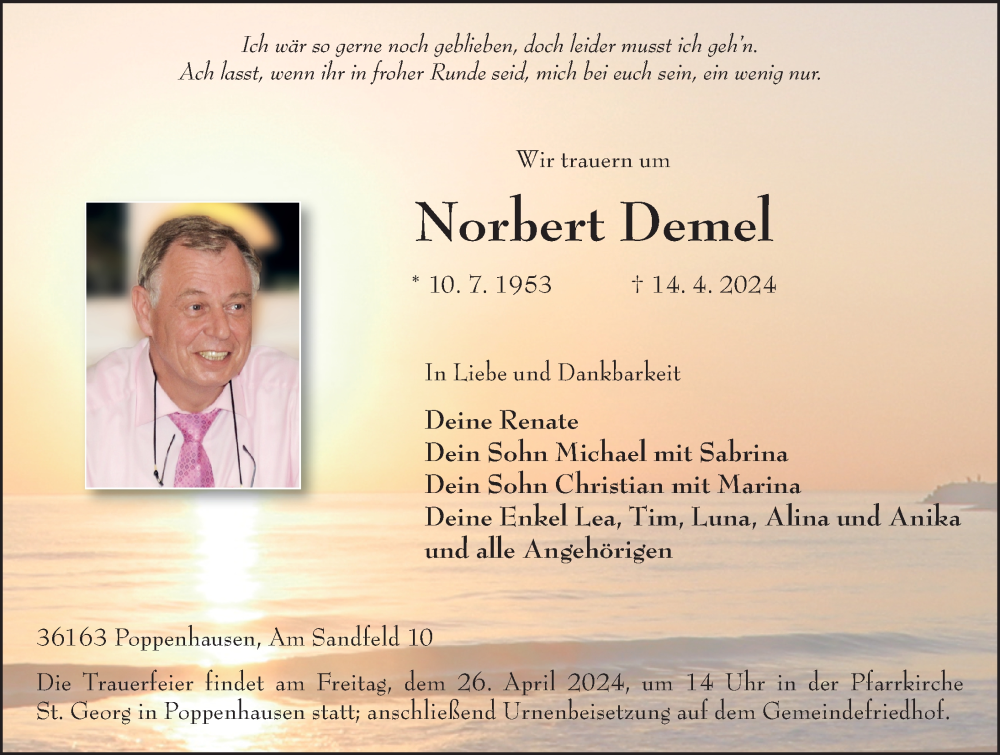  Traueranzeige für Norbert Demel vom 24.04.2024 aus FZ