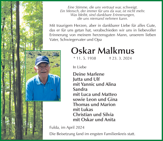 Traueranzeige von Oskar Malkmus von FZ