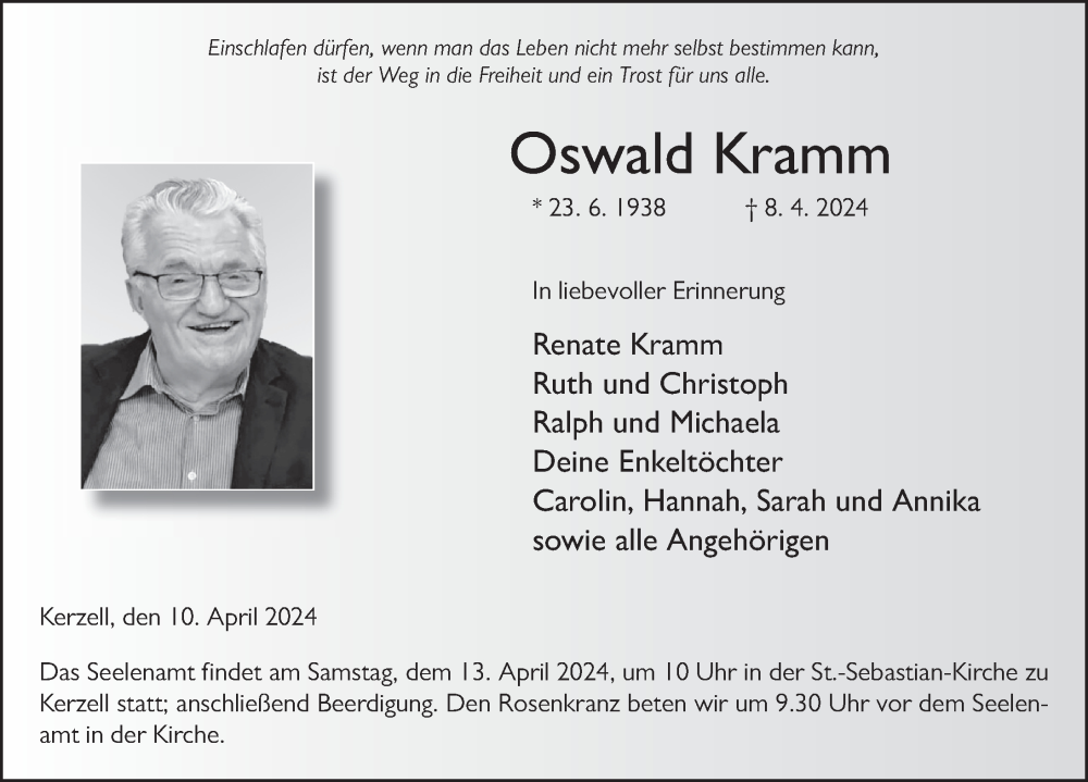  Traueranzeige für Oswald Kramm vom 10.04.2024 aus FZ