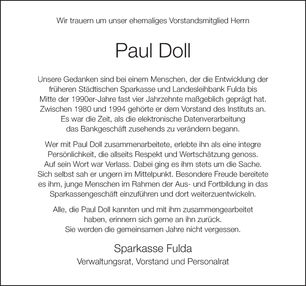  Traueranzeige für Paul Doll vom 13.04.2024 aus FZ
