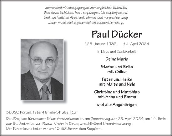 Traueranzeige von Paul Dücker von FZ