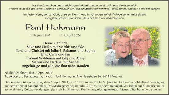 Traueranzeige von Paul Hohmann von FZ