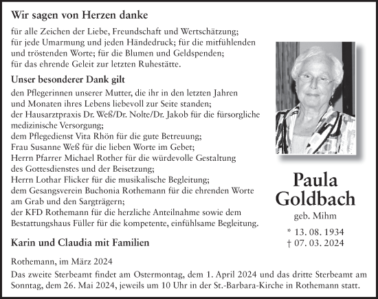 Traueranzeige von Paula Goldbach von FZ