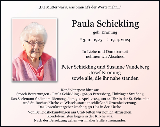 Traueranzeige von Paula Schickling von FZ