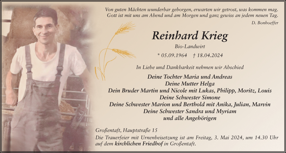  Traueranzeige für Reinhard Krieg vom 29.04.2024 aus FZ