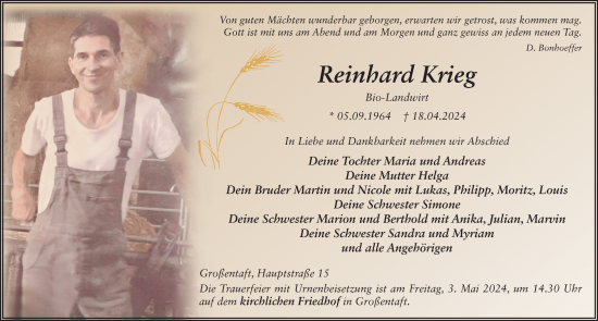 Traueranzeige von Reinhard Krieg von FZ