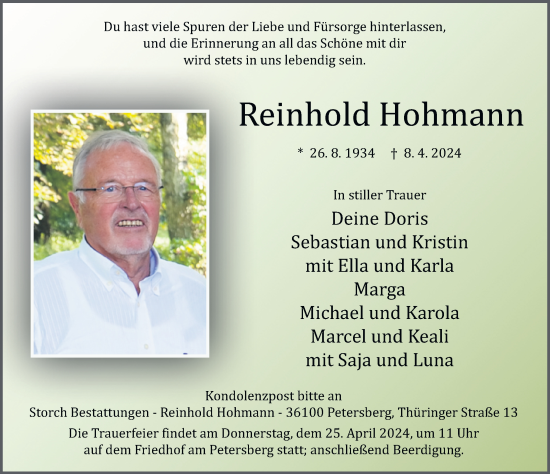 Traueranzeige von Reinhold Hohmann von FZ