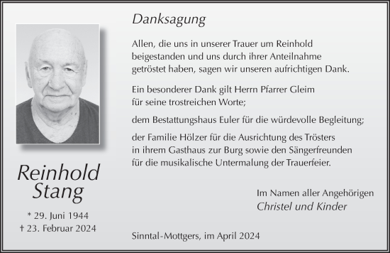 Traueranzeige von Reinhold Stang von FZ