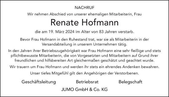 Traueranzeige von Renate Hofmann von FZ