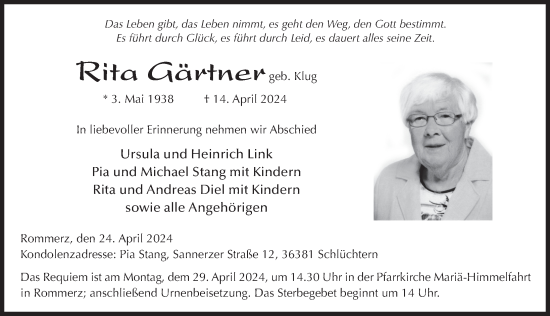 Traueranzeige von Rita Gärtner von FZ