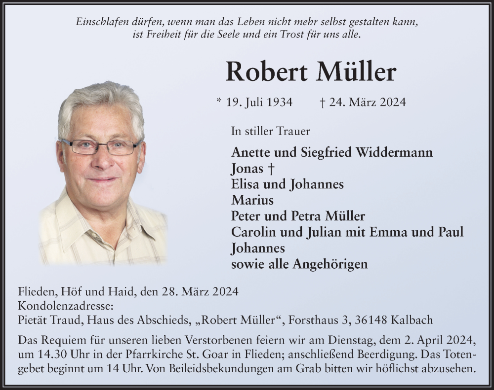  Traueranzeige für Robert Müller vom 28.03.2024 aus FZ