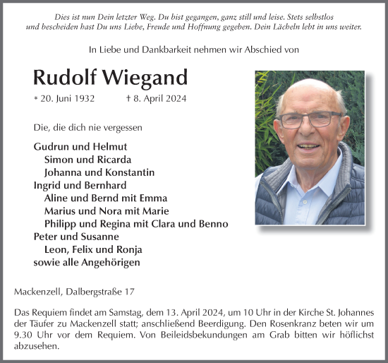Traueranzeige von Rudolf Wiegand von FZ