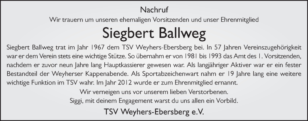  Traueranzeige für Siegbert Ballweg vom 16.04.2024 aus FZ