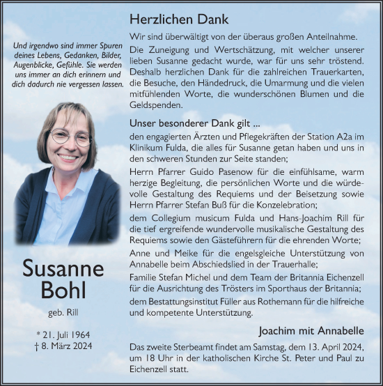 Traueranzeige von Susanne Bohl von FZ
