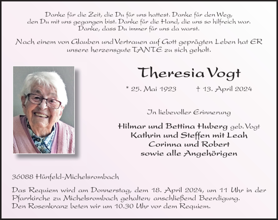 Traueranzeige von Theresia Vogt von FZ