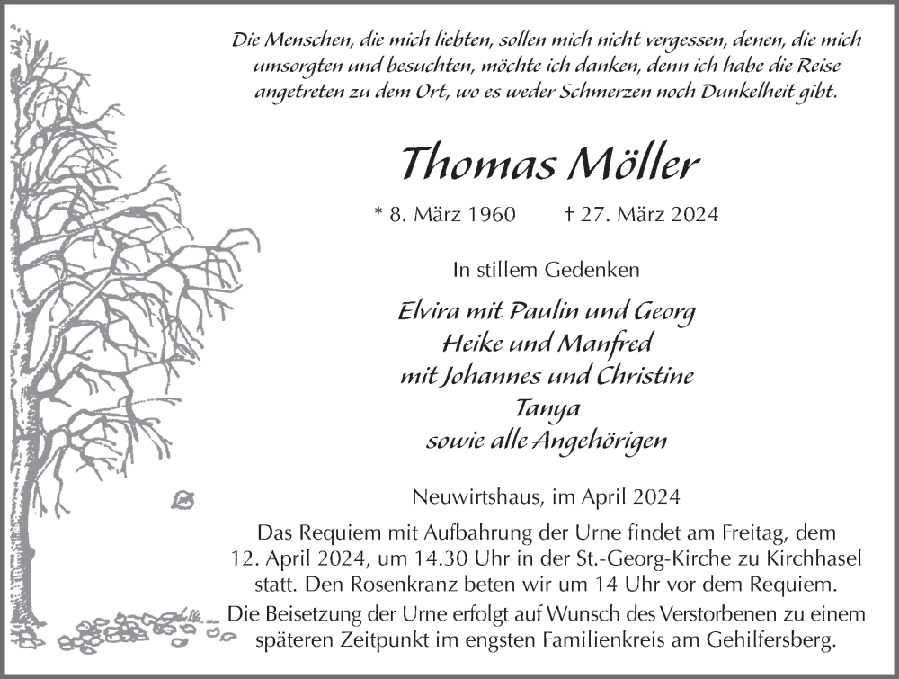  Traueranzeige für Thomas Möller vom 09.04.2024 aus FZ