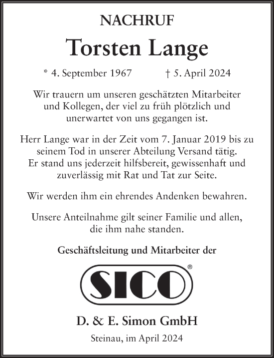 Traueranzeige von Torsten Lange von FZ