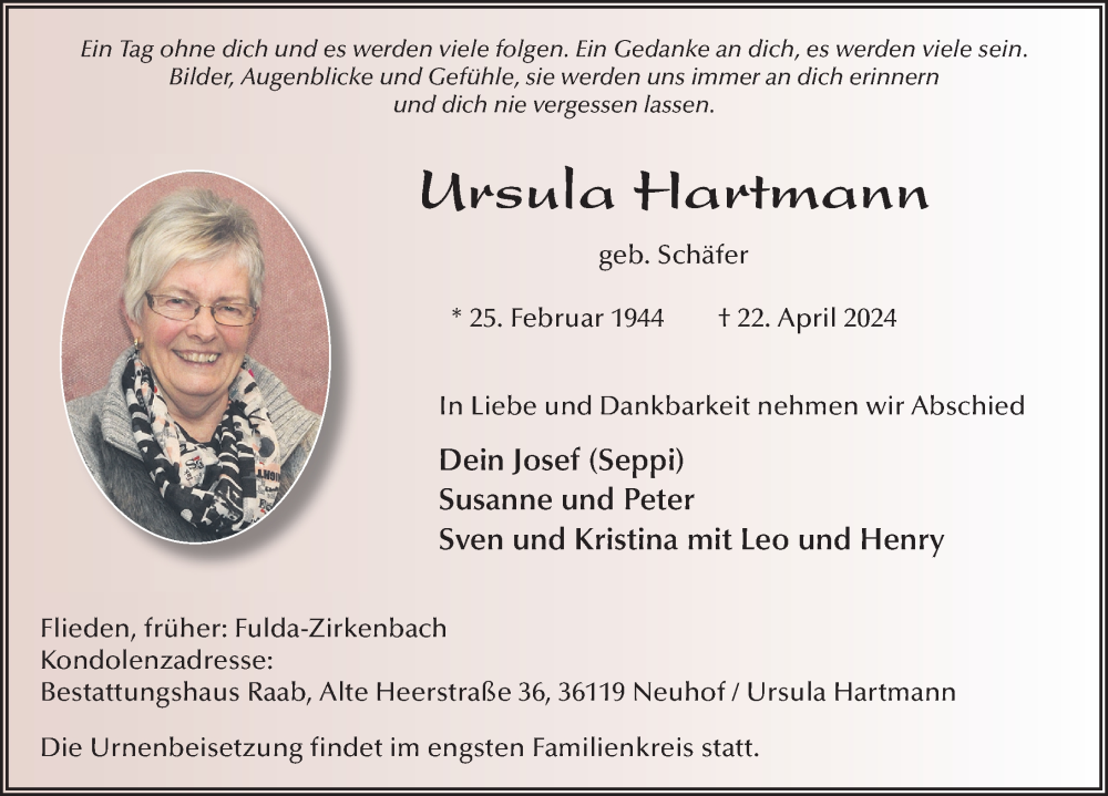  Traueranzeige für Ursula Hartmann vom 27.04.2024 aus FZ