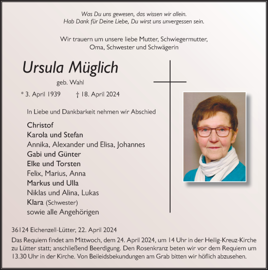 Traueranzeige von Ursula Müglich von FZ