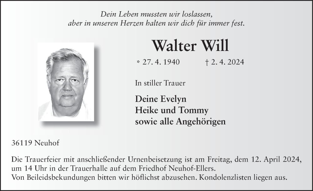  Traueranzeige für Walter Will vom 09.04.2024 aus FZ