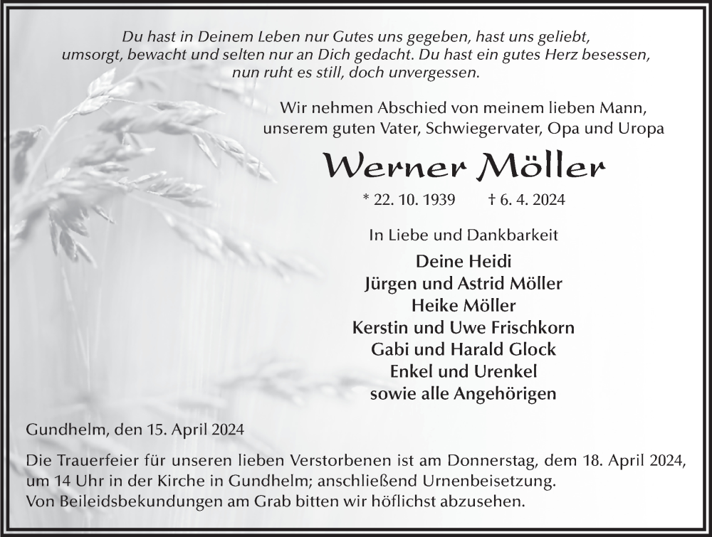  Traueranzeige für Werner Möller vom 15.04.2024 aus FZ