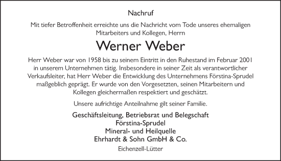Traueranzeige von Werner Weber von FZ
