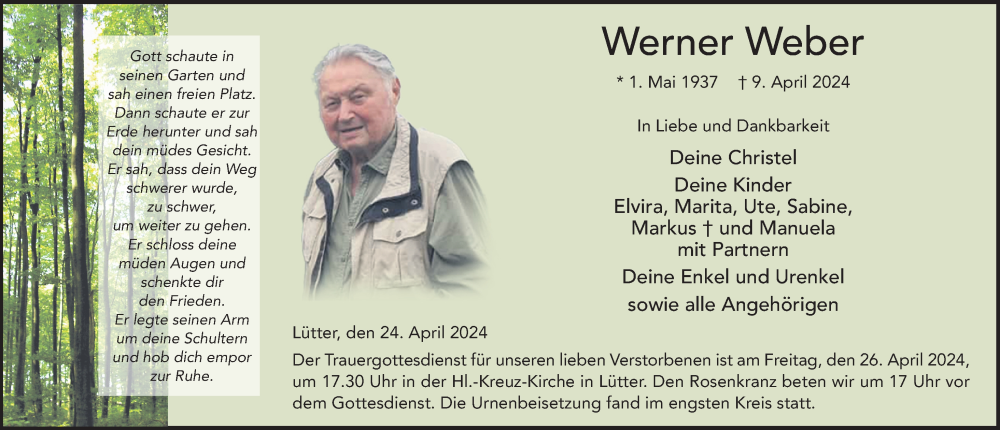  Traueranzeige für Werner Weber vom 24.04.2024 aus FZ